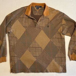 Nautica Vintage Long Sleeve Cotton Polo Shirt Men's L Brown Houndstooth Argyle